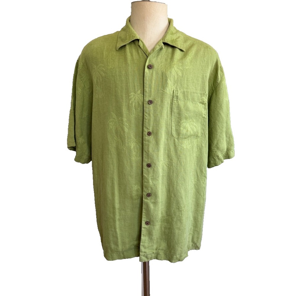 Tommy Bahama Mens Large Green 100% Linen Palm Tree Camp Shirt Short Sleeve